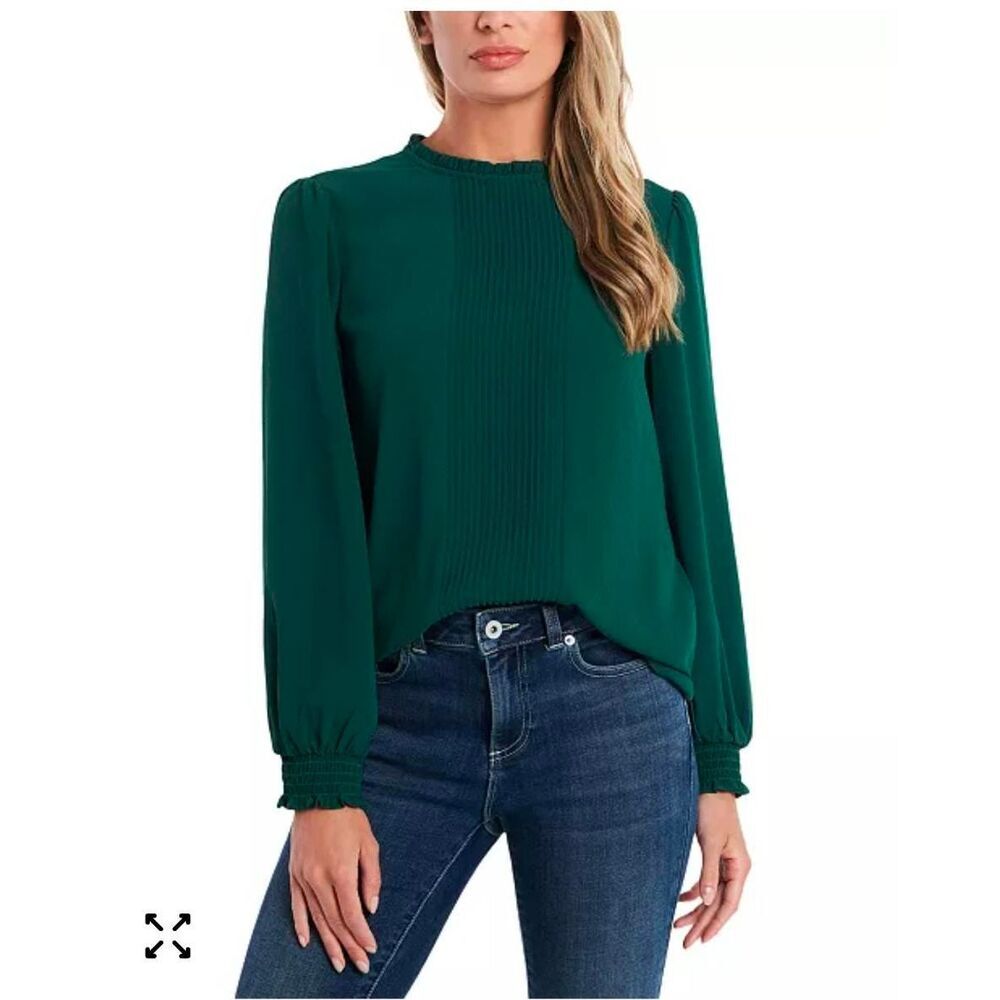 CeCe Alpine Green Pleated Front Blouse Size S NWT Long Sleeve Top Minor Flaw